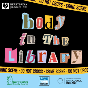 The words Body in the Library appear on a black background with crime scene tape. 